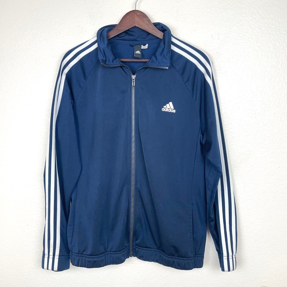 Adidas Womens Jacket Sz L 3 Striped Track Full Zip Classic Navy Blue Retro